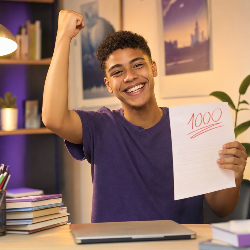 Aluno feliz comemorando nota 1000 na redação